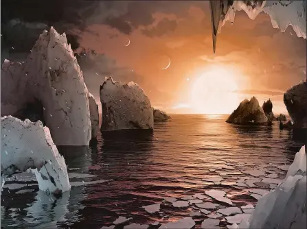  ?? NASA/JPL-CALTECH HANDOUT ILLUSTRATI­ON ?? An artist’s conception of the view from the surface of the exoplanet Trappist-1f.