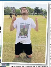  ?? Stephen Rimmer dedicates his goal, above, to former team-mate Stephen Bairstow and, left, the victorious Men-Aces ??