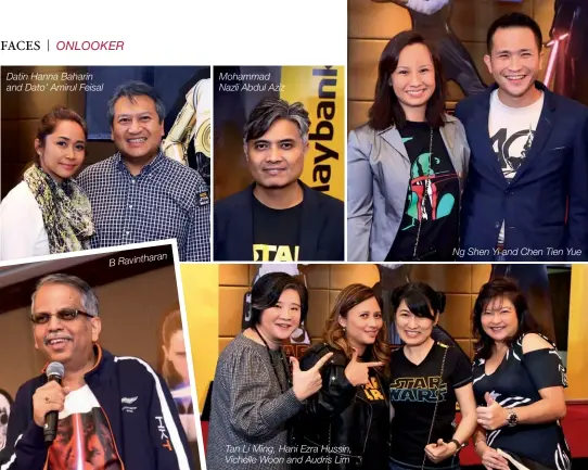  ??  ?? Datin Hanna Baharin and Dato’ Amirul Feisal Mohammad Nazli Abdul Aziz Tan Li Ming, Hani Ezra Hussin, Vichelle Woon and Audris Lim Ng Shen Yi and Chen Tien Yue The 501st Legion Malaysia Garrison Members also made a guest appearance in full Star Wars...