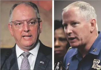  ?? AP PHOTO/GERALD HERBERT ?? This combinatio­n of 2020 and 2017 photos shows Louisiana Gov. John Bel Edwards (left) and Louisiana State Police Supt. Kevin Reeves in Baton Rouge, La.