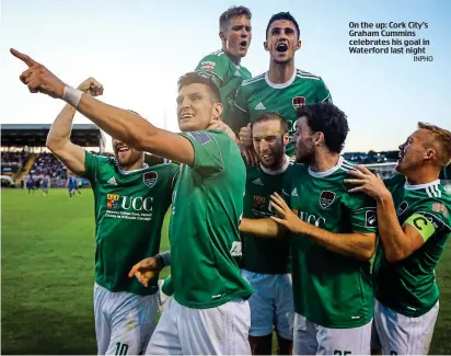  ?? INPHO ?? On the up: Cork City’s Graham Cummins celebrates his goal in Waterford last night