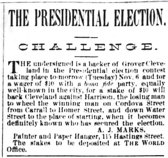  ??  ?? Flamboyant “painter and paper hanger” A.J. Marks took out this front-page ad in the Vancouver Daily World on Nov. 5, 1888, issuing a challenge to anyone who supported Benjamin Harrison in the U.S. presidenti­al election.