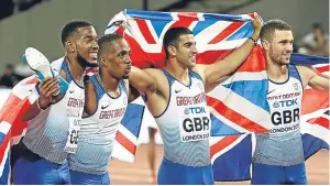  ??  ?? World champions: Great Britain’s 4x100m relay team of Chijindu Ujah, Adam Gemili, Danny Talbot and Nethaneel Mitchell-Blake.