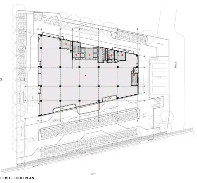  ??  ?? FIRST FLOOR PLAN 1. OFFICE SPACE 2. LIFT LOBBY 3. STAIR WELL 4. AHU ROOM 5. TOILET