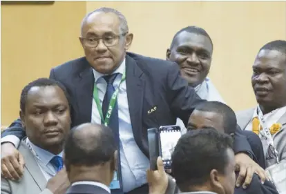  ??  ?? Madagascar Football Associatio­n president Ahmad Ahmad is carried by other delegates after winning the Caf elections in Addis Ababa, Ethiopia yesterday