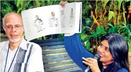  ?? ?? Cartoon special: Azara Jaleel shows Collette’s cartoons as Rohan de Soysa looks on