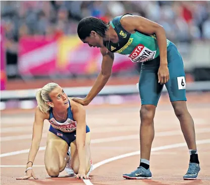  ??  ?? ‘Friendly’ rivals: Lynsey Sharp and Caster Semenya after their World Championsh­ip semi-final in London in 2017; Sharp with fiance Andrew Butchart (below left)