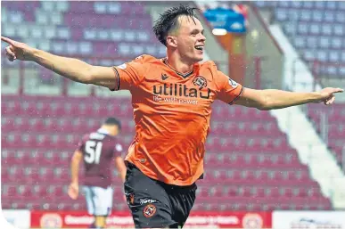  ??  ?? Lawrence Shankland celebrates after opening the scoring against Hearts