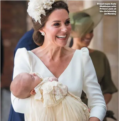  ??  ?? Proud mum: Kate Middleton with Prince Louis at his christenin­g on Monday