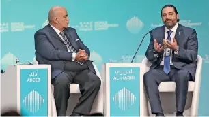  ?? Photos by Dhes Handumon ?? Saad Al Hariri talks during a session moderated by Emad El Din Adeeb at the World Government Summit 2019 on Sunday. —