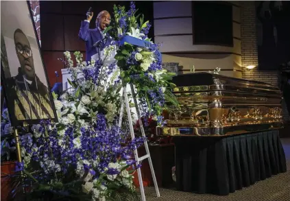  ?? Bebeto Matthews, The Associated Press ?? The Rev. Al Sharpton delivers the eulogy at a memorial service for George Floyd on Thursday at North Central University in Minneapoli­s.
