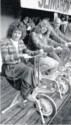  ??  ?? Above: Singer Barbara Dickson and swimmers Sharron Davies and Duncan Goodhew taking part in an exercise bike race during the Slimathon gala in 1982 for Save the Children