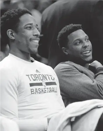  ?? MICHAEL PEAKE ?? Led by their two stars, DeMar DeRozan, left, and Kyle Lowry, the Raptors are a much looser group as they prepare for their NBA first-round playoff series against the Indiana Pacers.