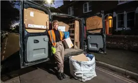  ?? ?? The actor Anna-Jane Casey delivering parcels when her production was put on hold. Photograph: Jeff Gilbert/Rex