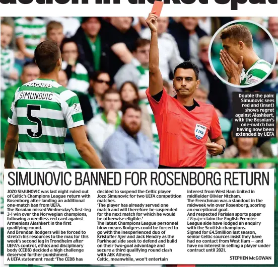  ??  ?? Double the pain: Simunovic sees red and (inset) shows regret against Alashkert, with the Bosnian’s one-match ban having now been extended by UEFA