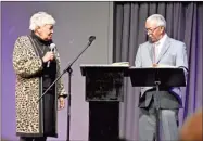  ?? Blake Silvers ?? Roland Hayes Museum Committee Chair Georgetta Frazier (left) introduces the world famous Gordon County native tenor’s nephew Toussaint Hayes at Harris Arts Center.