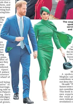  ??  ?? The couples allegedly barely spoke at Commonweal­th service, above, and Harry and Meghan arrive, right