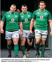  ?? SPORTSFILE ?? Jack McGrath, Cian Healy and CJ Stander arrive for the Ireland squad captain’s run at the Aviva Stadium yesterday