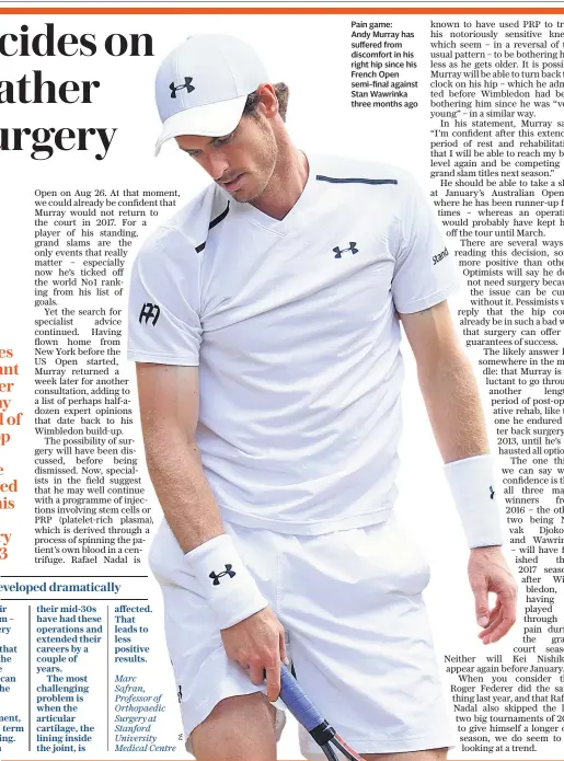  ??  ?? Pain game: Andy Murray has suffered from discomfort in his right hip since his French Open semi-final against Stan Wawrinka three months ago