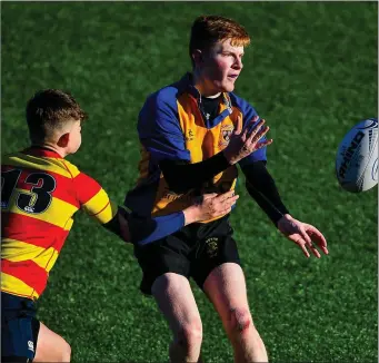  ??  ?? Tadhg Lynch of St Mary’s Diocesan School Drogheda offloads as he is closed down by Ollie Barr of Temple Carrig during the Bank of Ireland Father Godfrey Cup first-round match at Energia Park, Donnybrook.