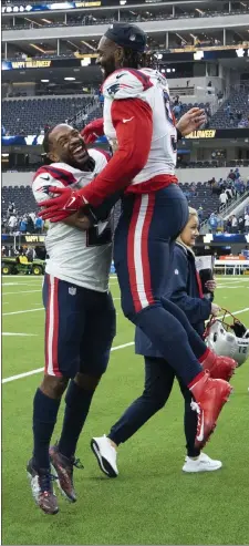  ?? Ap file ?? patriots safety adrian phillips, left, and outside linebacker matt Judon celebrate after defeating the los angeles chargers on oct. 31 in inglewood, calif.