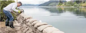  ?? — THE CANADIAN PRESS FILES ?? Malcolm Uttley places sandbags along a canal between Kalamalka Lake and Wood Lake in Oyama last May.