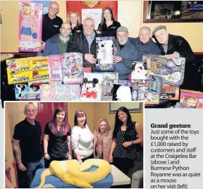  ??  ?? Grand gesture Just some of the toys bought with the £1,000 raised by customers and staff at the Craigielea Bar (above ) and Burmese Python Royanne was as quiet as a mouse on her visit (left)