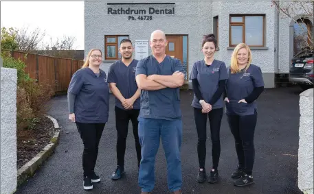  ??  ?? Rathdrum Dental Team Receptist Joanne Kelly, Dentist’s Pedram Forghani, James Turner with Dental Nurse’s Amy Martin and Lydia Nangle.