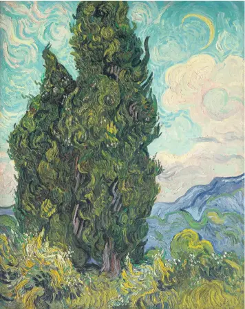  ??  ?? Vincent van Gogh’s Cypresses, above, was among those displayed in a major exhibition, and left, his Self-portrait With Grey Felt Hat