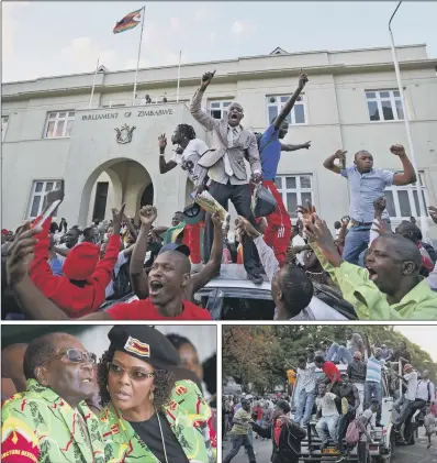  ?? PICTURES: AP PHOTO. ?? ELATION: Zimbabwean­s celebrate outside the parliament building in Harare after hearing the news that president Robert Mugabe had resigned; the country’s former First Lady Grace Mugabe has not been seen since the military stepped in last week.