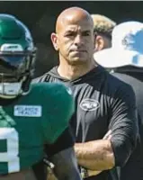  ?? AP ?? Robert Saleh watches his Jets go through a tough day offensivel­y against Panthers.