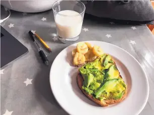  ??  ?? Avocado toast, banana and a glass of milk is a fast, but nutritious, school-morning breakfast, and parents can add a hard-boiled egg for extra protein.