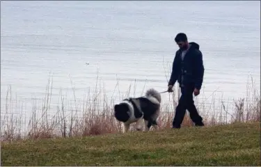  ?? KRISTI GARABRANDT — THE NEWS-HERALD ?? Taylor Genther, of Euclid walks his dog Hadley along the lake front in Willowick on Jan. 2. Making the Lakefront more accessible to everyone is a goal for Willowick Mayor Rich Regovich.