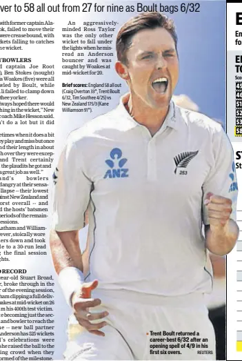  ?? REUTERS ?? Trent Boult returned a careerbest 6/32 after an opening spell of 4/9 in his first six overs.