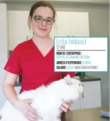  ??  ?? Élisa Thibault, que l’on voit ici avec un chat, travaille depuis six mois comme animalière à l’hôpital vétérinair­e Victoria. Elle est plus que jamais à sa place. PHOTO BEN PELOSSE