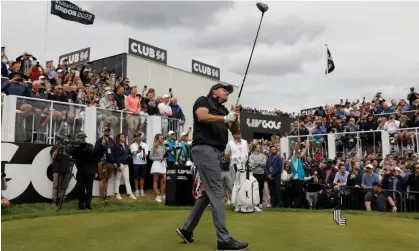  ?? Photograph: Tom Jenkins/The Guardian ?? Phil Mickelson hits his tee shot on the first hole at the first LIV Golf Invitation­al tournament at the Centurion Club in Hemel Hempstead in 2022