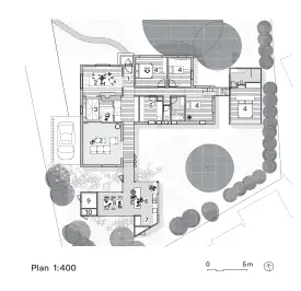  ??  ?? 03 Wrapped in handfixed shingles and set on recycled brick plinths, the contempora­ry pavilions are discrete yet sympatheti­c to the older home’s character. 1 Entry 2 Living 3 Study 4 Bedroom 5 Laundry 6 Kitchen 7 Pantry 8 Dining 9 Store 10 Services