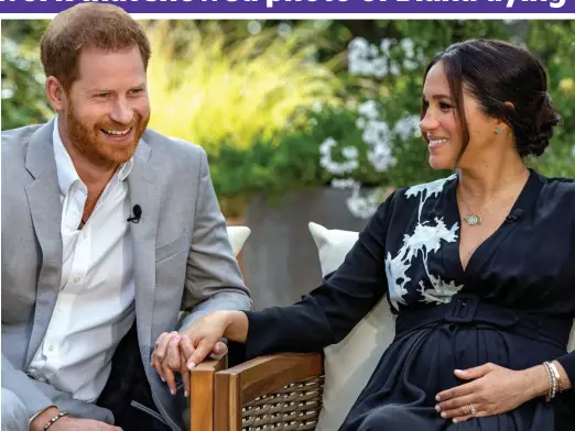 ??  ?? Controvers­ial: Prince Harry and Meghan during the Oprah Winfrey interview that was broadcast on CBS on March 7