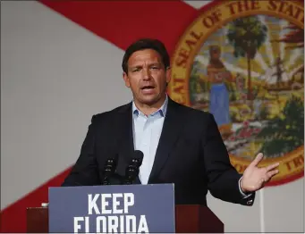  ?? OCTAVIO JONES — GETTY IMAGES ?? Republican Florida Gov. Ron DeSantis speaks at a campaign rally at the Cheyenne Saloon on November 7, 2022 in Orlando, Florida.