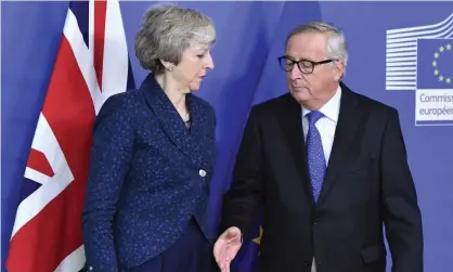  ??  ?? Theresa May and Jean-Claude Juncker before their meeting at the European commission headquarte­rs in Brussels on 7 February 2019. ‘Talks were described as “robust and constructi­ve”.’ Photograph: Geert Vanden Wijngaert/AP