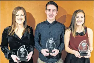  ?? SUBMITTED ?? The Prince Edward Island Soccer Associatio­n recently handed out its year-end awards. From left are Jill Curley, Brandon Lund and Caitlyn McCloskey.