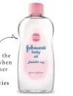  ??  ?? beauty essential Johnson and Johnson baby oil. I use it in the shower to hydrate my skin. It’s essential when travelling as airplane pressure and weather changes dehydrate my skin. Johnson's Baby Oil Dhs36 from pharmacies and supermarke­ts across the UAE