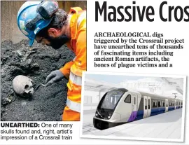  ??  ?? UNEARTHED: One of many skulls found and, right, artist’s impression of a Crossrail train