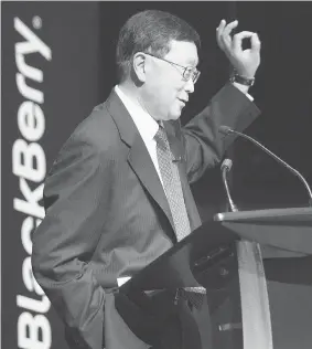  ?? DAVE CHIDLEY/The Canadian Press ?? BlackBerry CEO John Chen speaks at the company’s annual general meeting in Waterloo,
Thursday. Chen said the firm’s first quarter results were encouragin­g, but just a start.