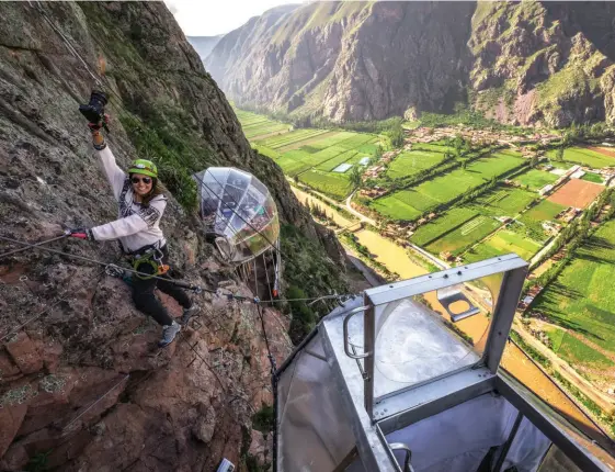  ??  ?? ABOVE: Enjoy the view from an all-window “bedroom-capsule” bolted to the mountainsi­de at the Skylodge Adventure Suites in Peru. Nature Vive OPPOSITE TOP: Spend the night in a drainpipe at the Dasparkhot­el in Ottensheim, Austria. Dasparkhot­el OPPOSITE BOTTOM LEFT: Stay on board a vintage 727 aircraft at the Hotel Costa Verde in Costa Rica. Hotel Costa Verde OPPOSITE BOTTOM RIGHT: Enter the world of the famous Trojan horse at La Balade des Gnomes in Heyd, Belgium. La Balade des Gnomes