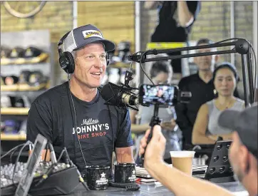  ?? PHOTOS BY DEBORAH CANNON / AUSTIN AMERICAN-STATESMAN ?? Lance Armstrong records the “Stages” podcast in Austin, Texas. Armstrong, working with co-host JB Hager, discussed each day’s Tour de France stage — and much more.