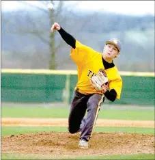  ?? MARK HUMPHREY ENTERPRISE-LEADER ?? Prairie Grove senior Clay Fidler throws a pitch against Ozark during the first Jarren Sorters Memorial Baseball Tournament. Fidler started against Shiloh Christian on Thursday. The Tigers lost to the Saints, 4-1.