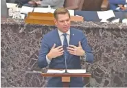  ?? SENATE TELEVISION VIA AP ?? House impeachmen­t manager Rep. Eric Swalwell, D-Calif., speaks during the second impeachmen­t trial of former President Donald Trump in the Senate at the U.S. Capitol in Washington on Feb. 10.