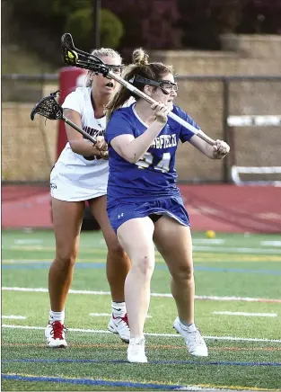  ?? PETE BANNAN — MEDIANEWS GROUP ?? Springfiel­d’s Erin DeStefano, seen scoring in Tuesday’s District 1Class 3A quarterfin­al, scored twice in the final Thursday, but it wasn’t enough in a 14-3loss to top-seeded Conestoga.