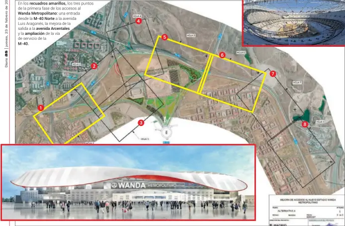  ??  ?? En los recuadros amarillos, los tres puntos de la primera fase de los accesos al
Wanda Metropolit­ano: una entrada desde la M-40 Norte a la avenida
Luis Aragonés, la mejora de la salida a la avenida Arcentales y la ampliación de la vía de servicio de...